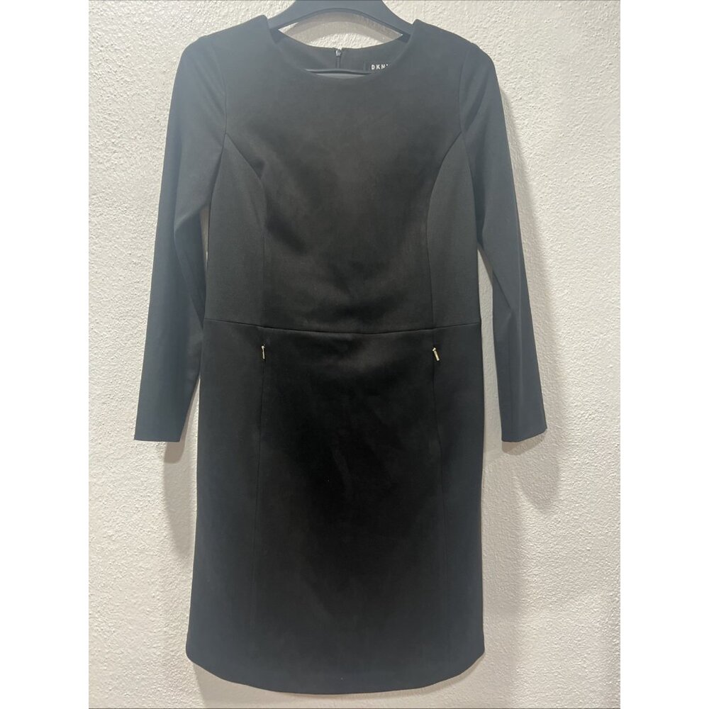 DKNY Black Faux Suede Fitted Dress‎ Size 10 Zipper Front Pocket Long Sleeves